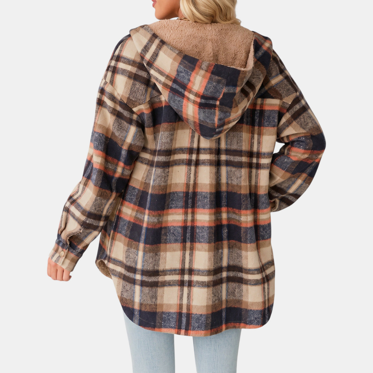 Women's Flannel Hooded Check Shacket Fleece Lined Coat - 12