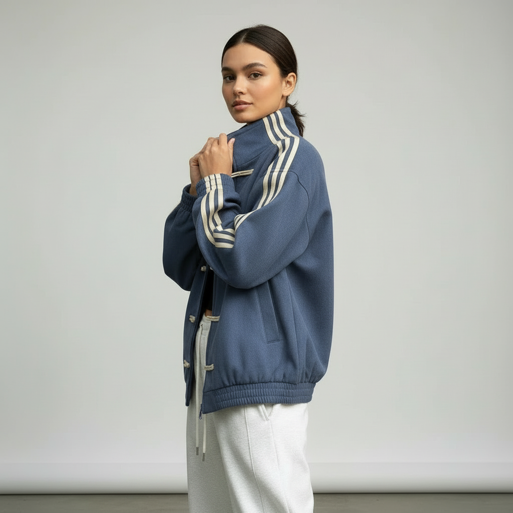 Women's Track Jacket with Button Loops and Contrast Stripes - 4