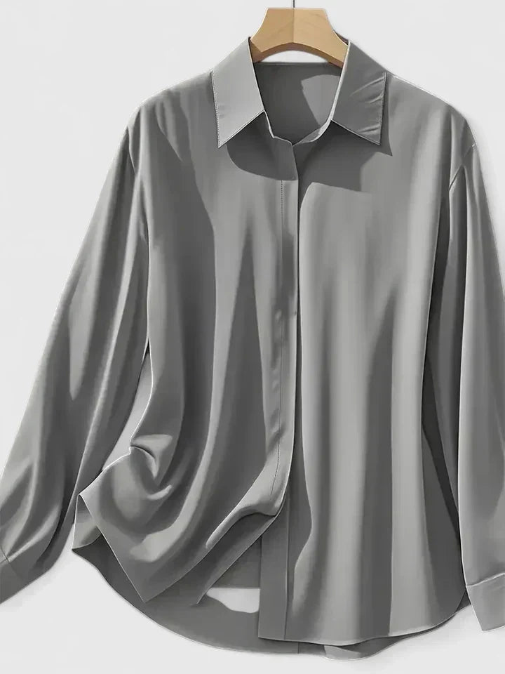 Women's Long Sleeve Shirt with Collar and Curved Hem - 3