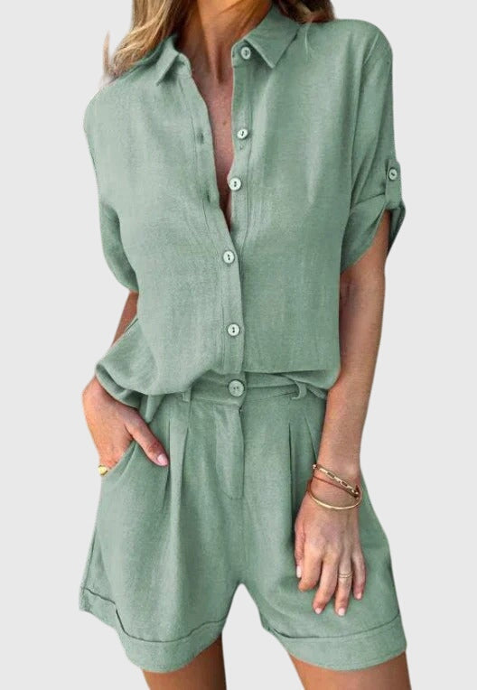 Women's Two-Piece Set Collared Shirt with Shorts - Green