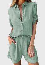 Women's Two-Piece Set Collared Shirt with Shorts - Green