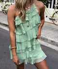 Women's Mini Dress with Ruffle Tiers and Flared Silhouette - Green