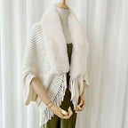 Women's Knitted Scarf with Faux Fur Trim and Fringed Edge - 6