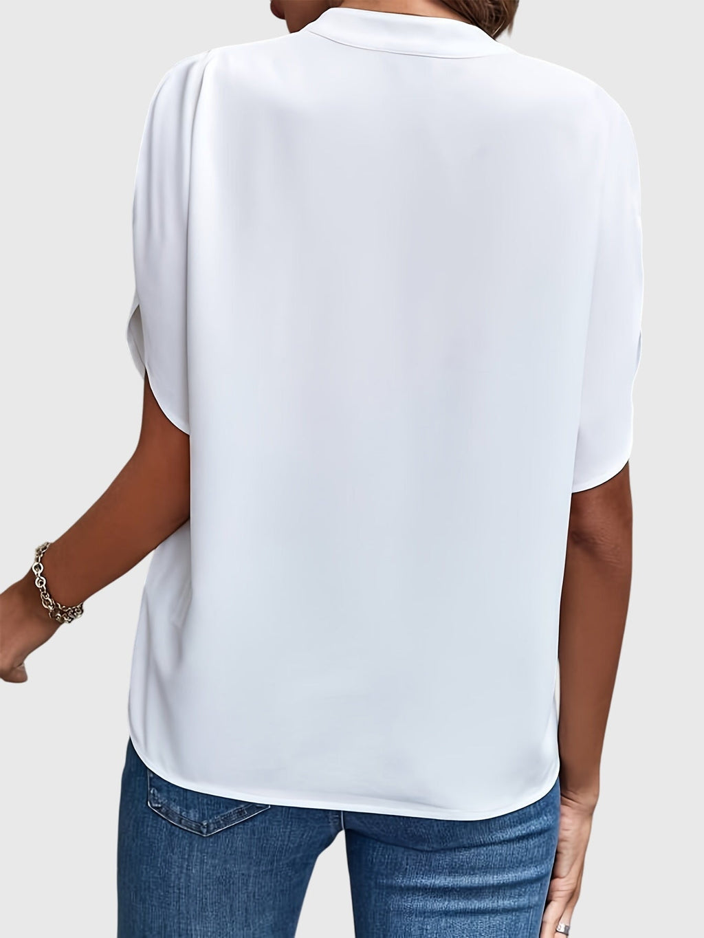 Women's Blouse Short Sleeve with V-Neck and Split Cuffs - 2