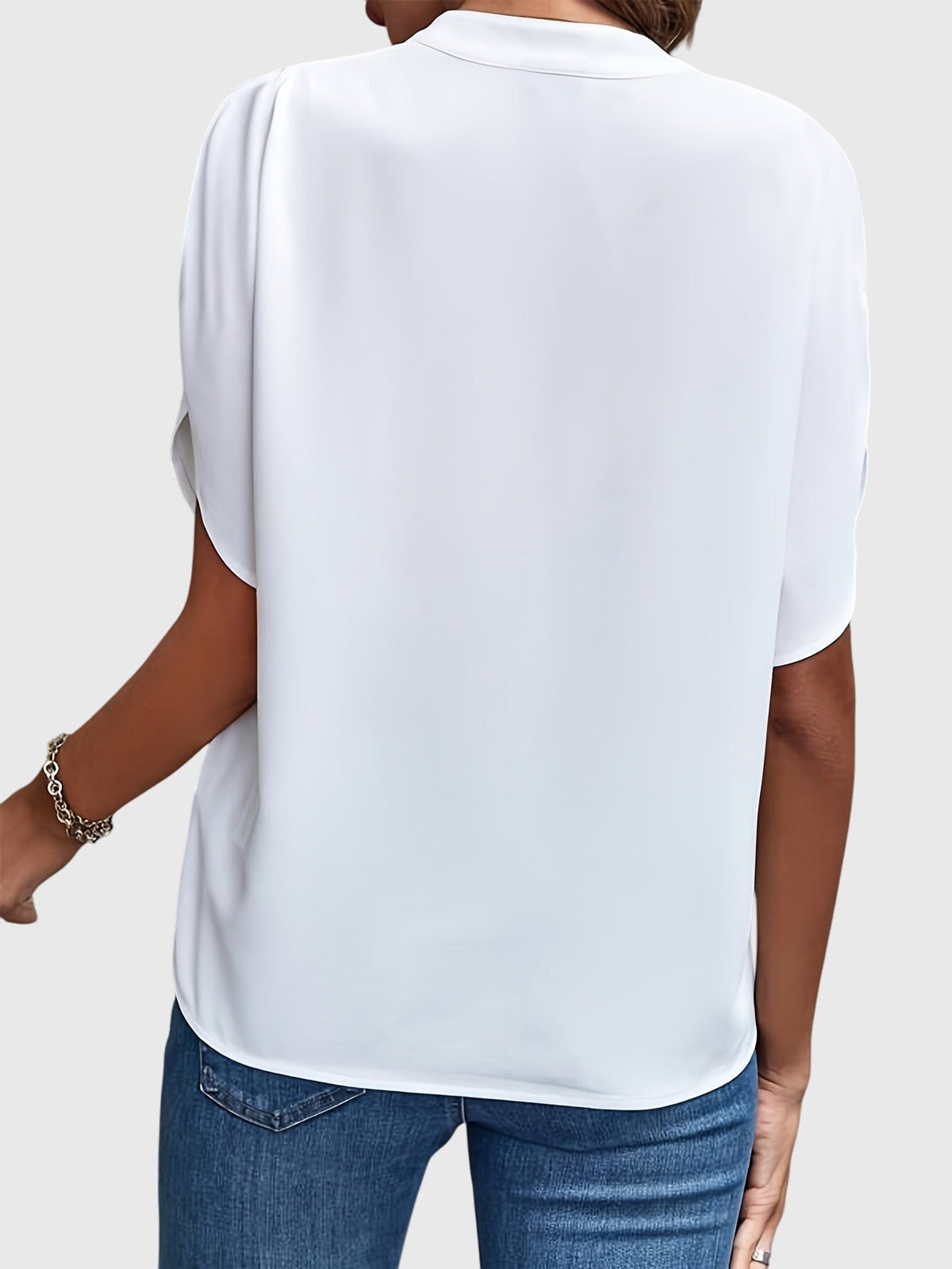 Women's Blouse Short Sleeve with V-Neck and Split Cuffs - 2