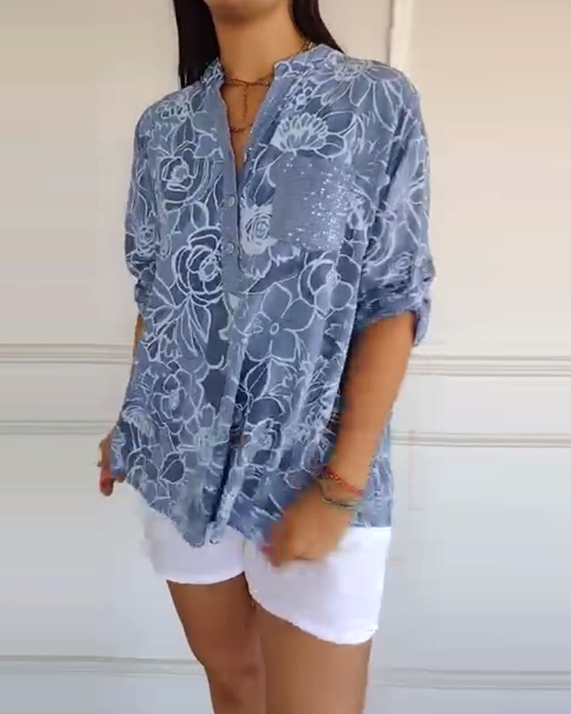 Women's Floral Print Blouse with Roll-Up Sleeves and V-Neck - 8