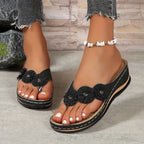 Women's Toe-Post Sandals with Floral Detail and Low Wedge - 6