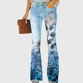 Women's Wide Leg Trousers with Floral Print and Button Detailing - Blue Flower