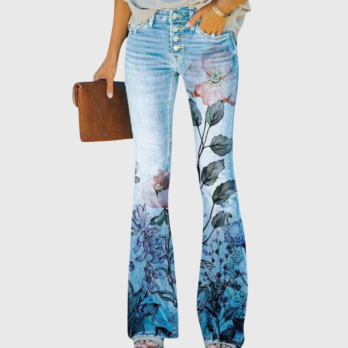 Women's Wide Leg Trousers with Floral Print and Button Detailing - Blue Flower