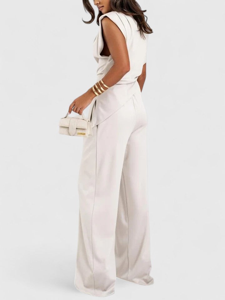 Women's Two-Piece Set Sleeveless Draped Top with Wide-Leg Trousers - 4
