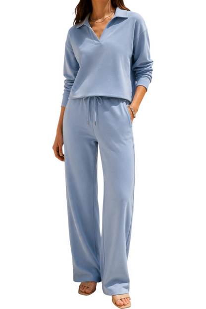 Women's Two Piece Set Collared Long Sleeve Top and Wide Leg Trousers