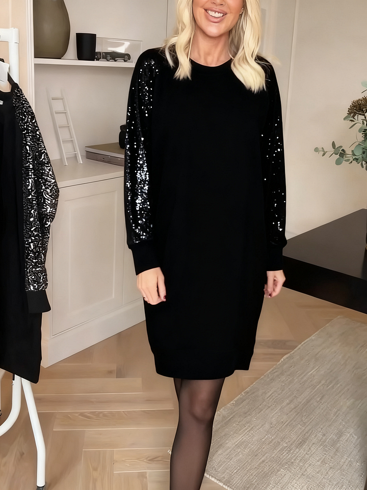 Women's Sequin Sleeve Sweatshirt Dress with Crew Neck - Black