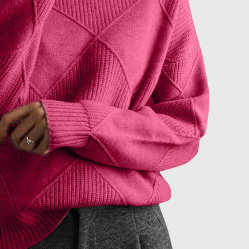Women's Roll Neck Jumper with Geometric Knit Pattern - 2