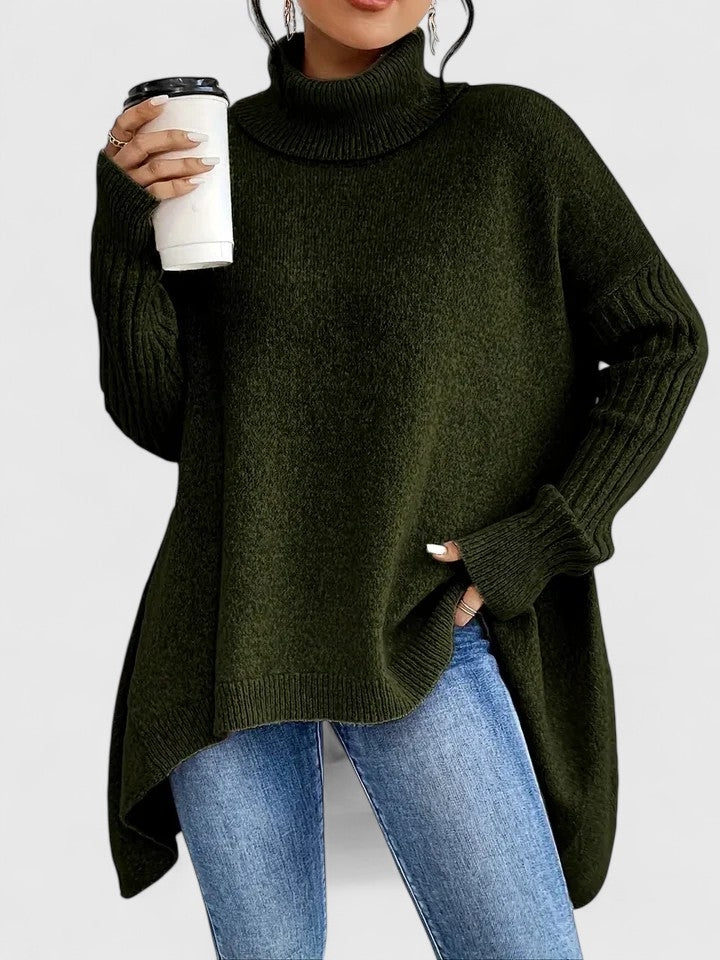 Women's Jumper Roll Neck Long Sleeve Asymmetric Hem - Green