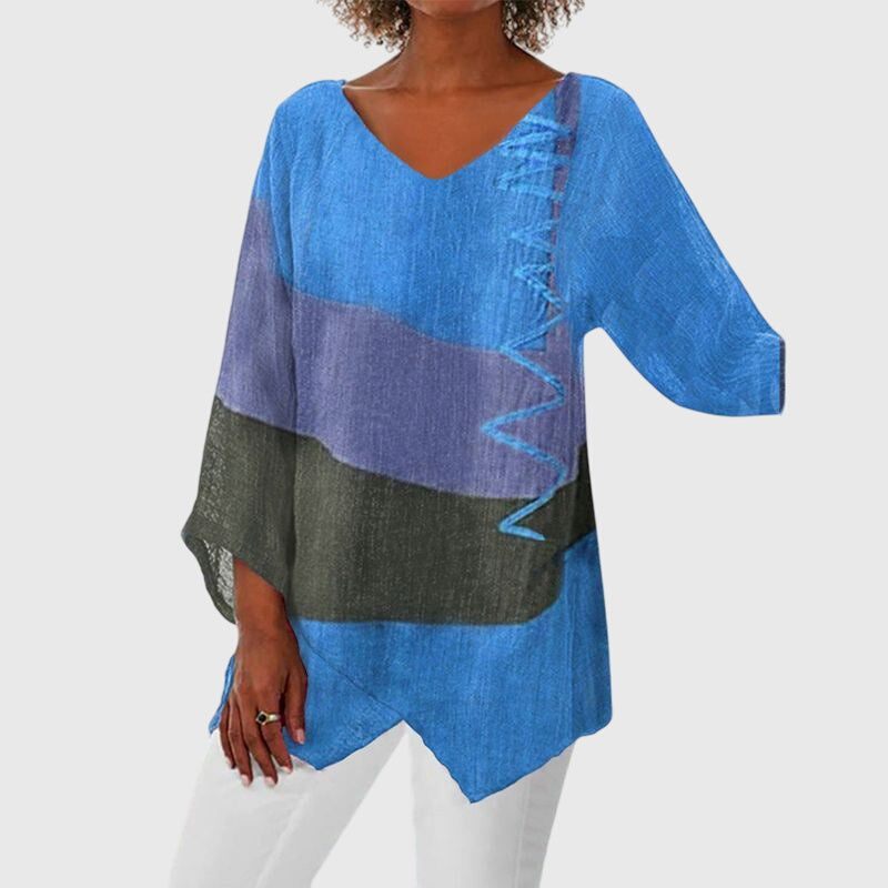Women's V-Neck Top with Colour Block Print and Flowy Cut - Blue