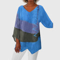 Women's V-Neck Top with Colour Block Print and Flowy Cut - Blue