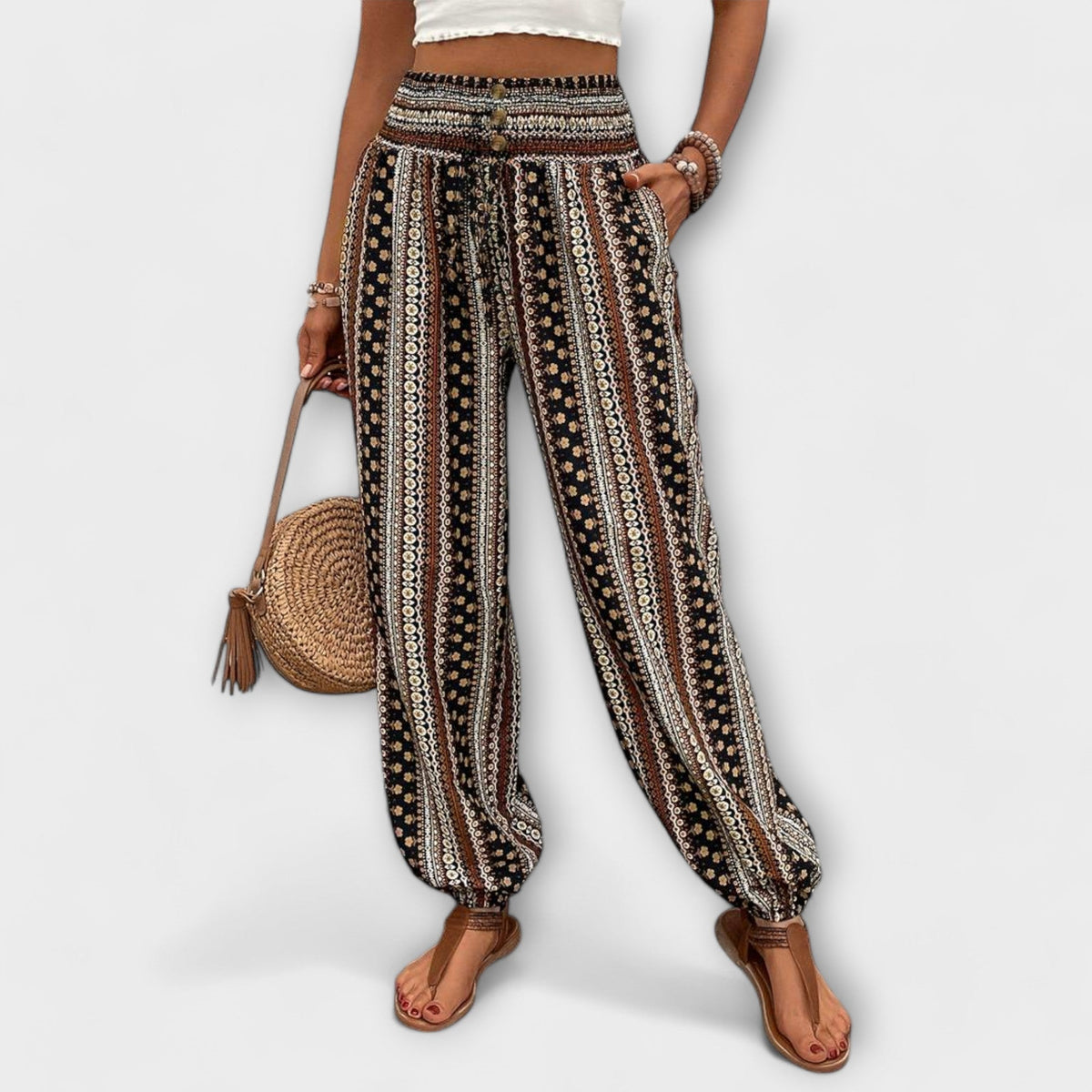 Women's Trousers with Ethnic Print - Brown