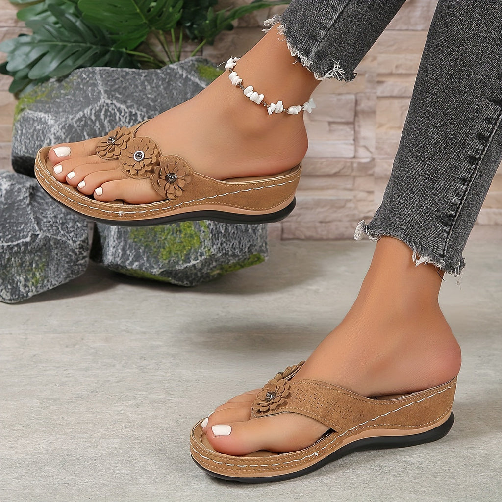 Women's Toe-Post Sandals with Floral Detail and Low Wedge - 7