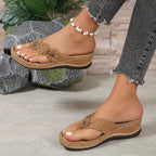Women's Toe-Post Sandals with Floral Detail and Low Wedge - 7