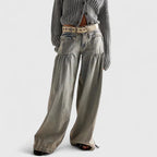 Women's Trousers Wide Leg with Pleated Pockets and Tied Cuffs - Grey