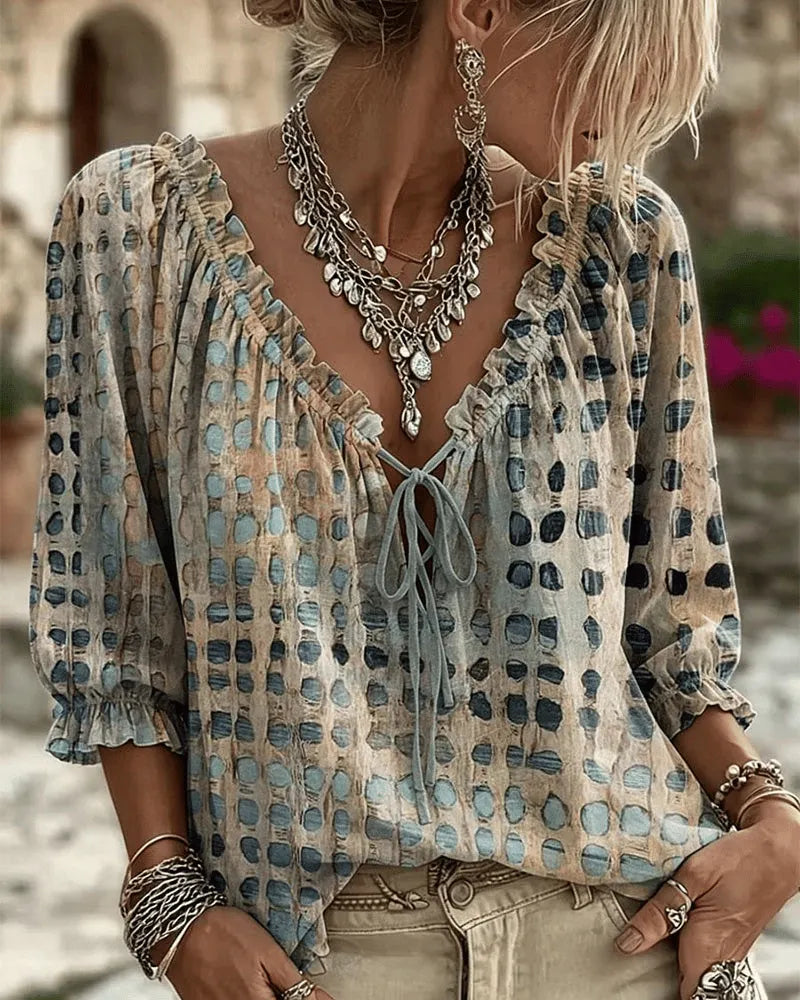 Women's Blouse Tie-Neck V-Neck with Puff Sleeves - Blue