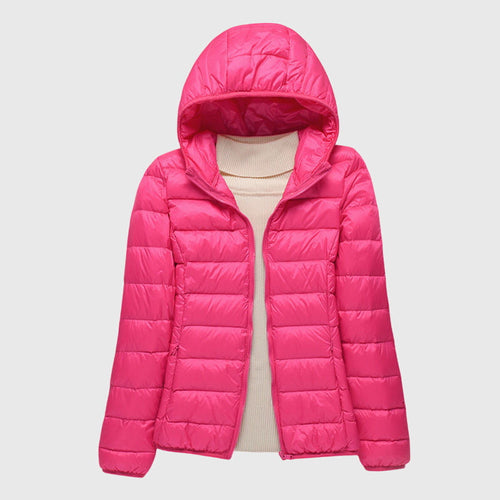 Women's Quilted Jacket with Hood and Zip Fastening - Pink Hood