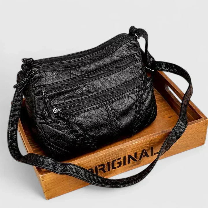 Women's Shoulder Bag with Adjustable Strap and Magnetic Flap Closure - Black