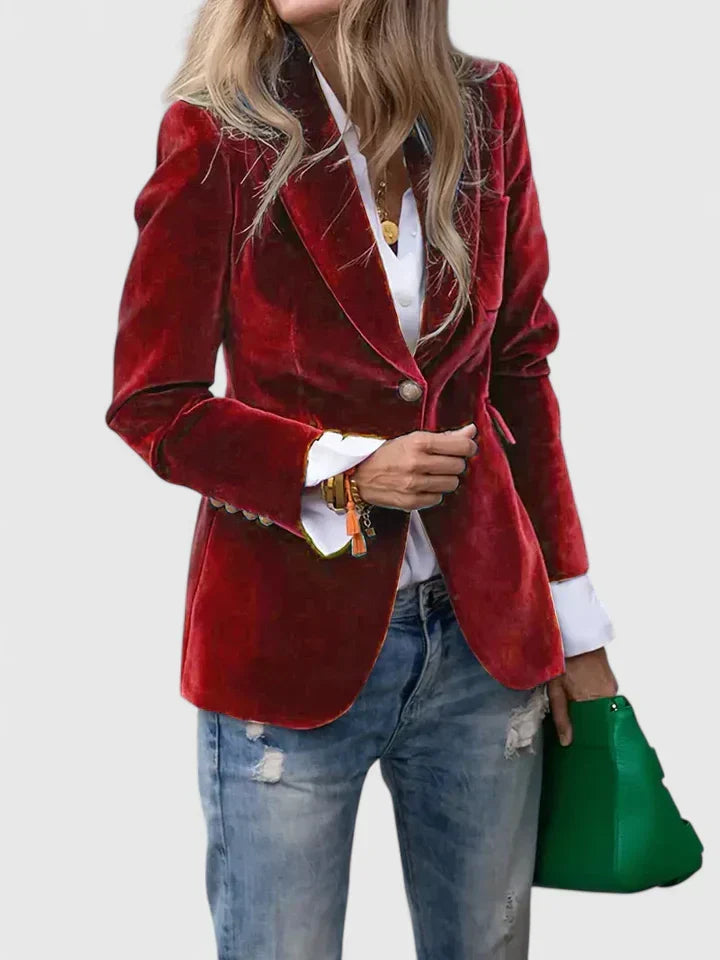 Women's Tailored Blazer with Single-Button Fastening and Notched Lapel - Red