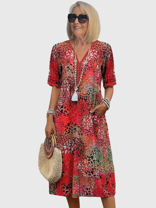 Bella | Elegant Floral Midi Dress - Scarlet Red