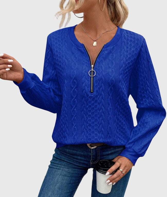 Women's Jumper with Zip Detail and Cable Knit Texture - Blue