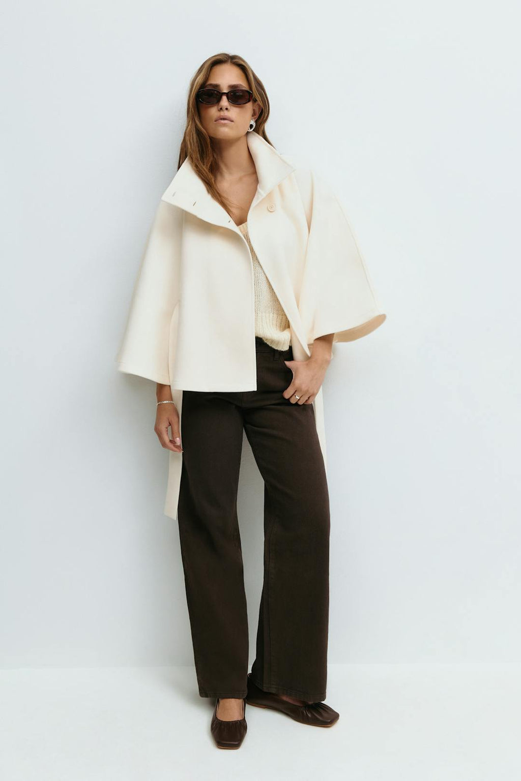 Women's Cape Coat with High Collar and Bow Belt - 4