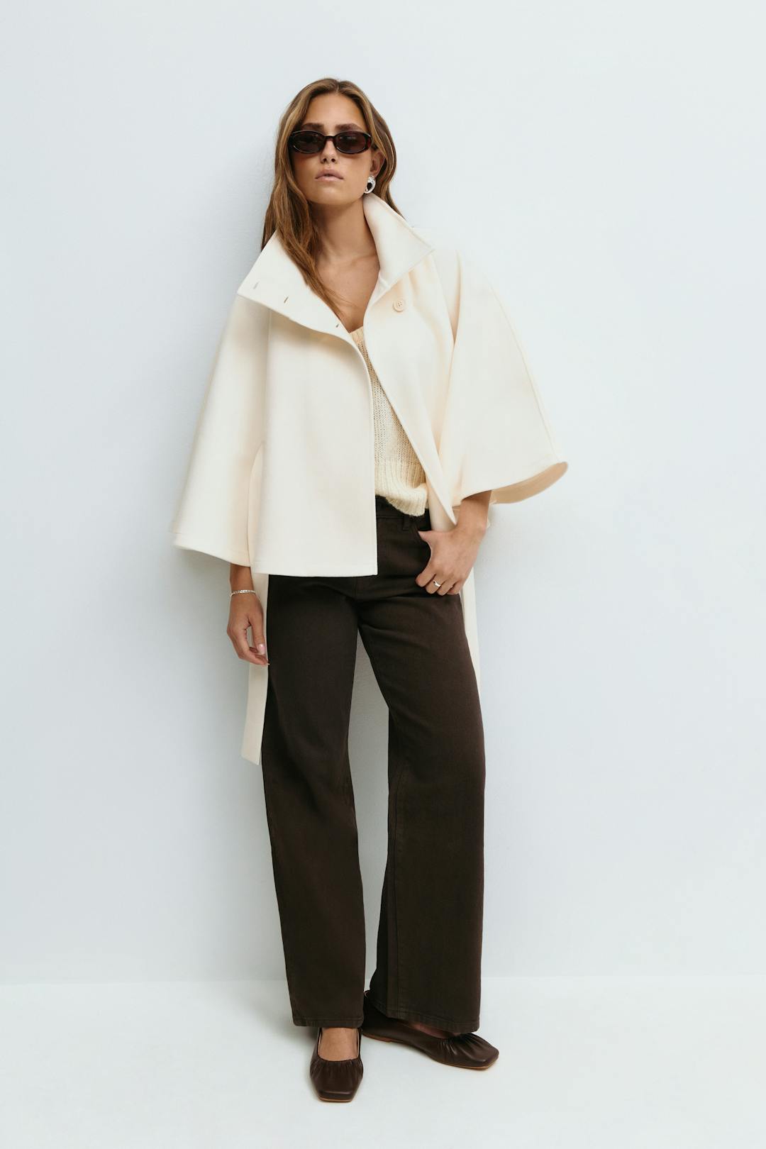 Women's Cape Coat with High Collar and Bow Belt - 4