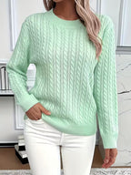 Women's Jumper Cable-Knit Long Sleeve Round Neck - Green