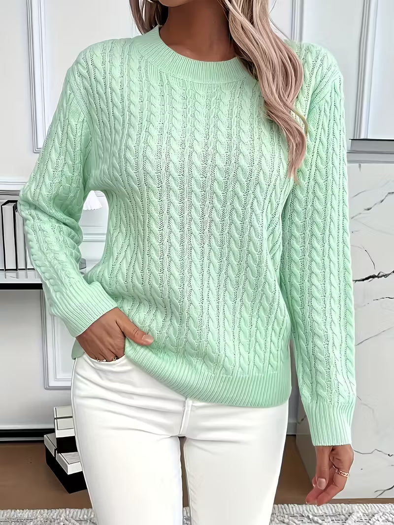 Women's Jumper Cable-Knit Long Sleeve Round Neck - Green