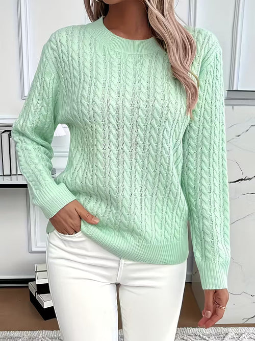 Women's Jumper Cable-Knit Long Sleeve Round Neck - Green