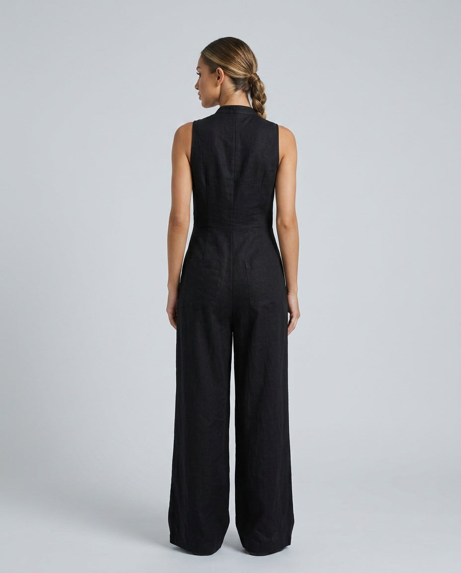Women's Sleeveless Jumpsuit with Stand Collar and Wide Leg - 3