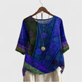 Women's Boho Top Round Neck with Patchwork Print and Button Detail - Blue
