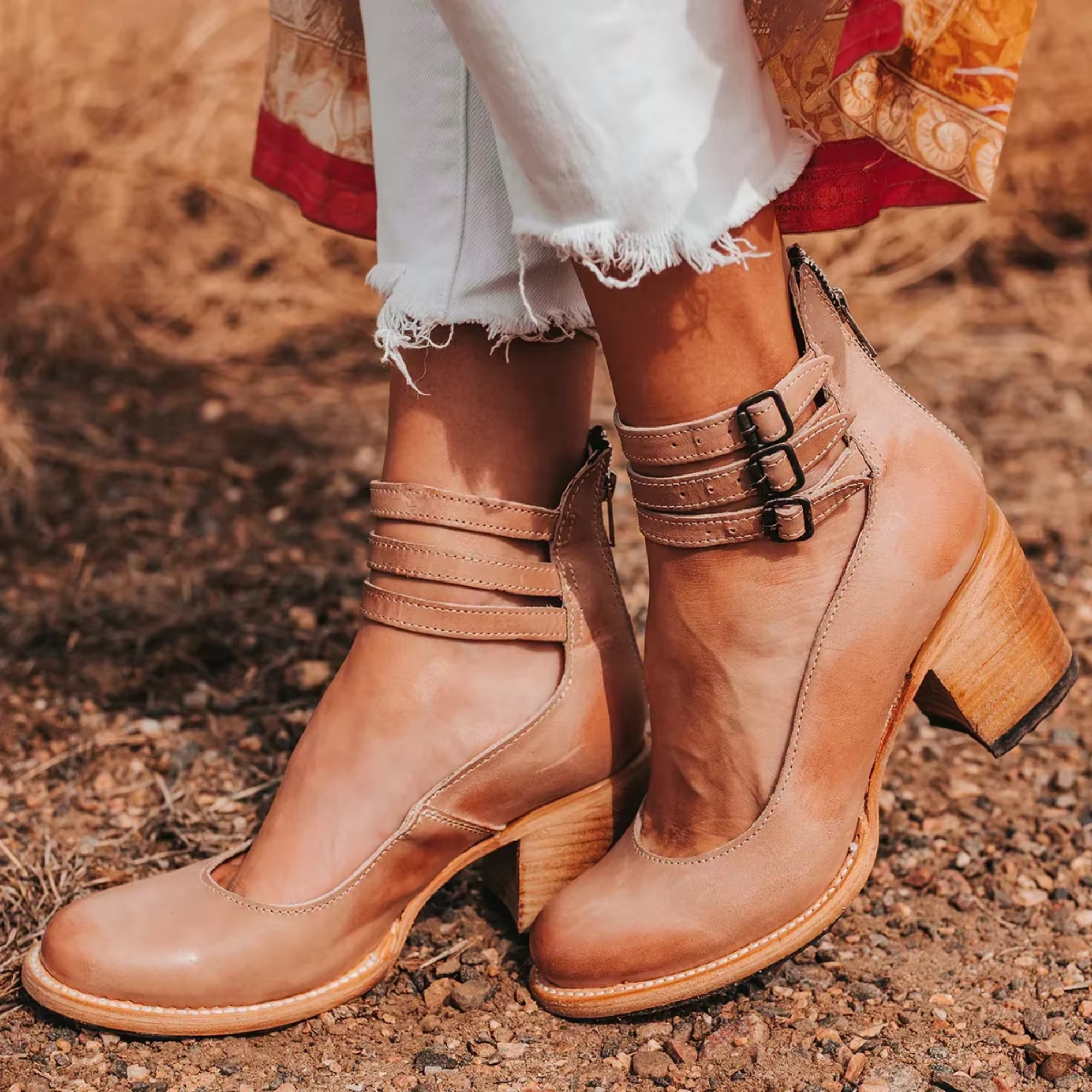 Women Block-Heel Shoes with Double Ankle Buckle Straps - Beige (Sold Out)