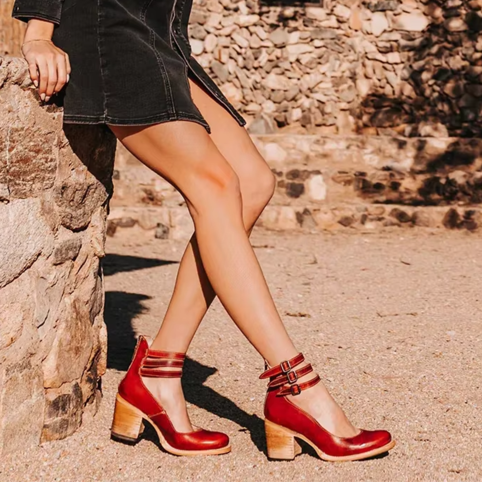 Women Block-Heel Shoes with Double Ankle Buckle Straps - 11