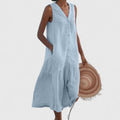 Women's Sleeveless Dress with V-Neck and Button Front - Blue