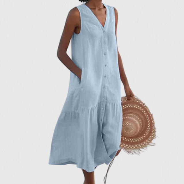 Women's Sleeveless Dress with V-Neck and Button Front - Blue