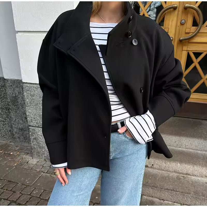 Women's Short Peacoat with High Collar and Minimalist Design - 5