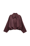 Women's Cropped Bomber Jacket with Collared Neckline and Oversized Sleeves - Burgundy