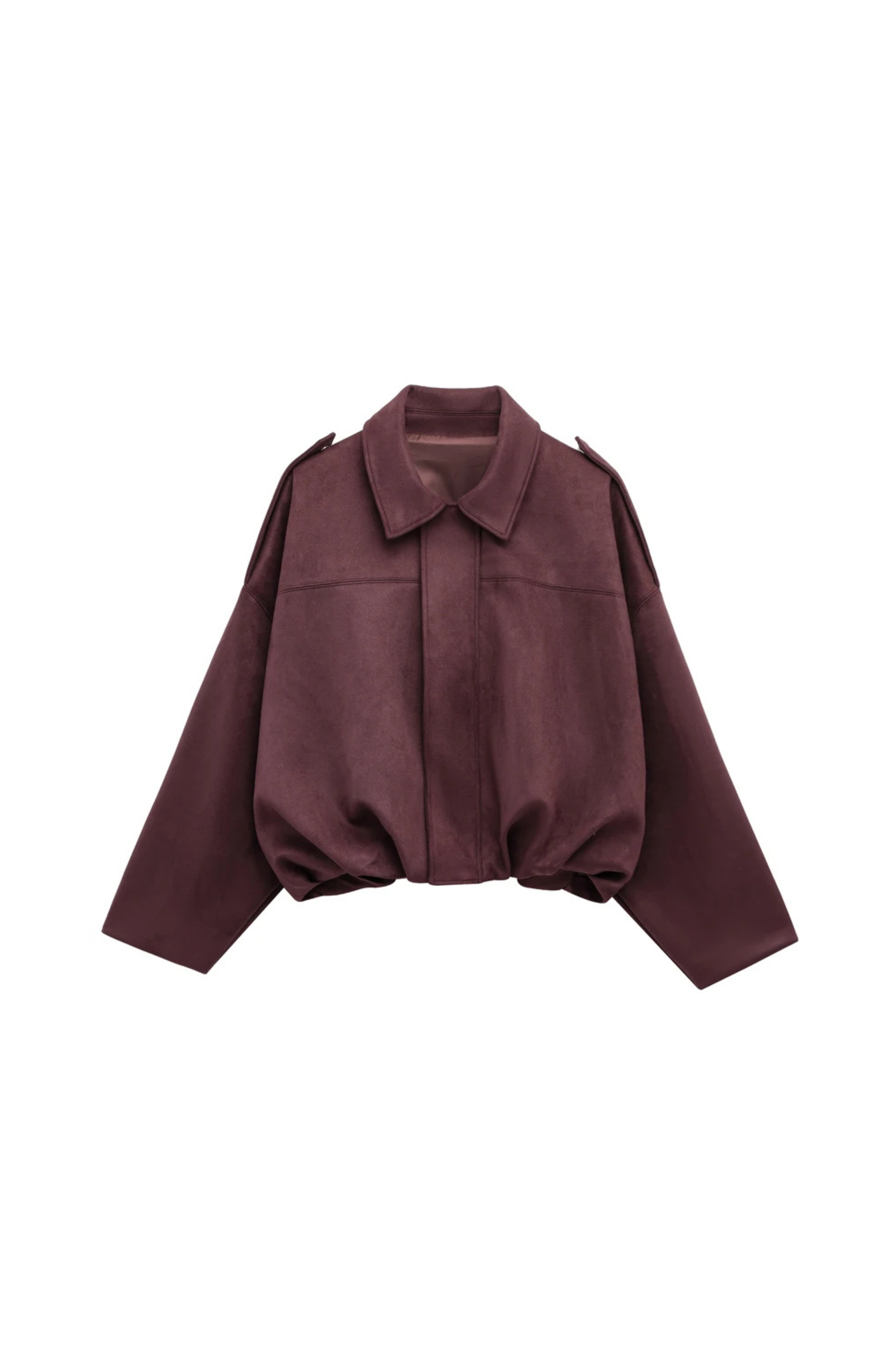 Women's Cropped Bomber Jacket with Collared Neckline and Oversized Sleeves - Burgundy