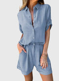 Women's Two-Piece Set Collared Shirt with Shorts - Blue