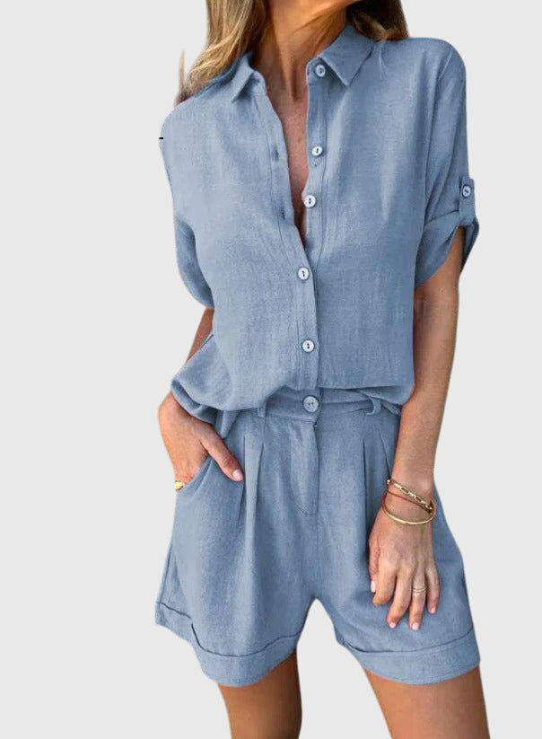Women's Two-Piece Set Collared Shirt with Shorts - Blue