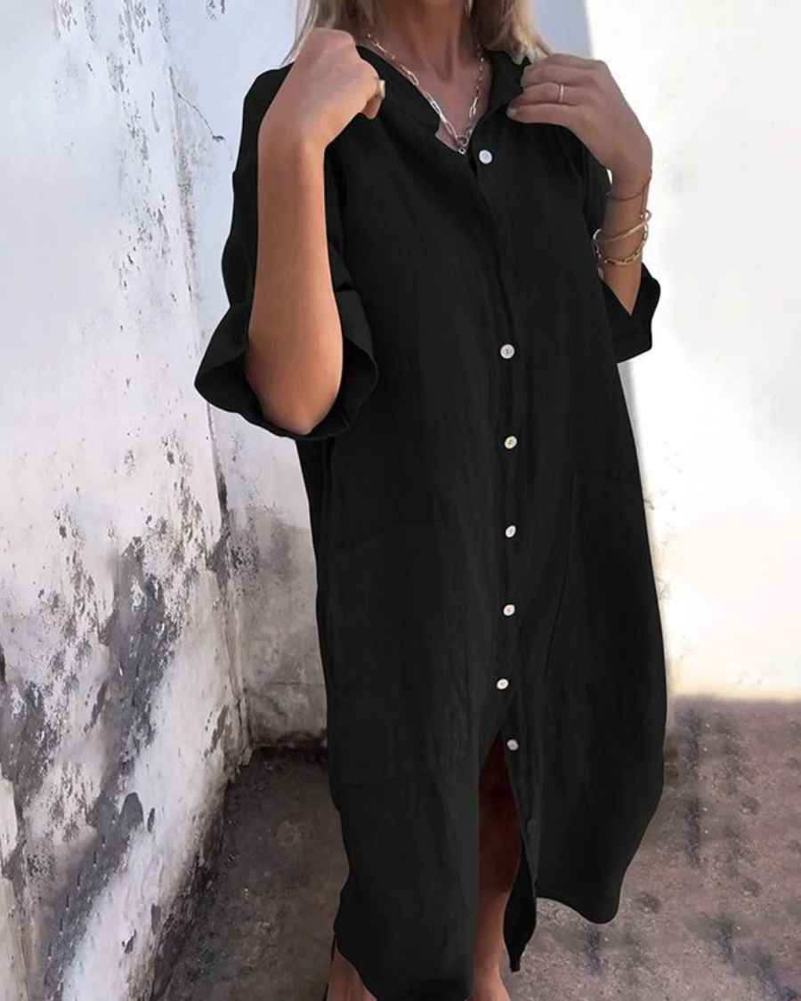 Women Shirt Dress Button-Up with Short Sleeves and Side Pockets - Black