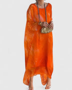 Women's Maxi Dress Batwing Sleeve with Marble Print and Round Neck - Orange