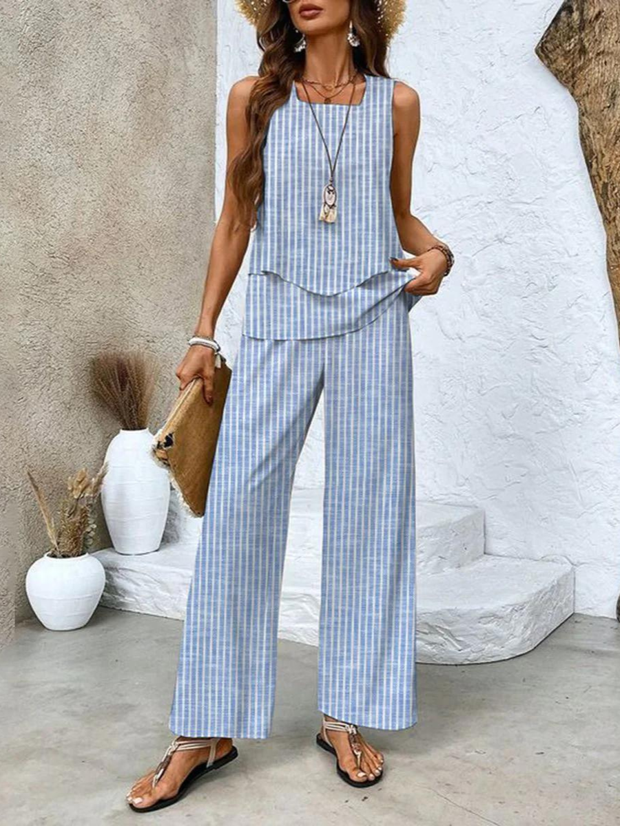 Women Two-Piece Set Layered Sleeveless Tank with Printed Wide-Leg Trousers - Stripes