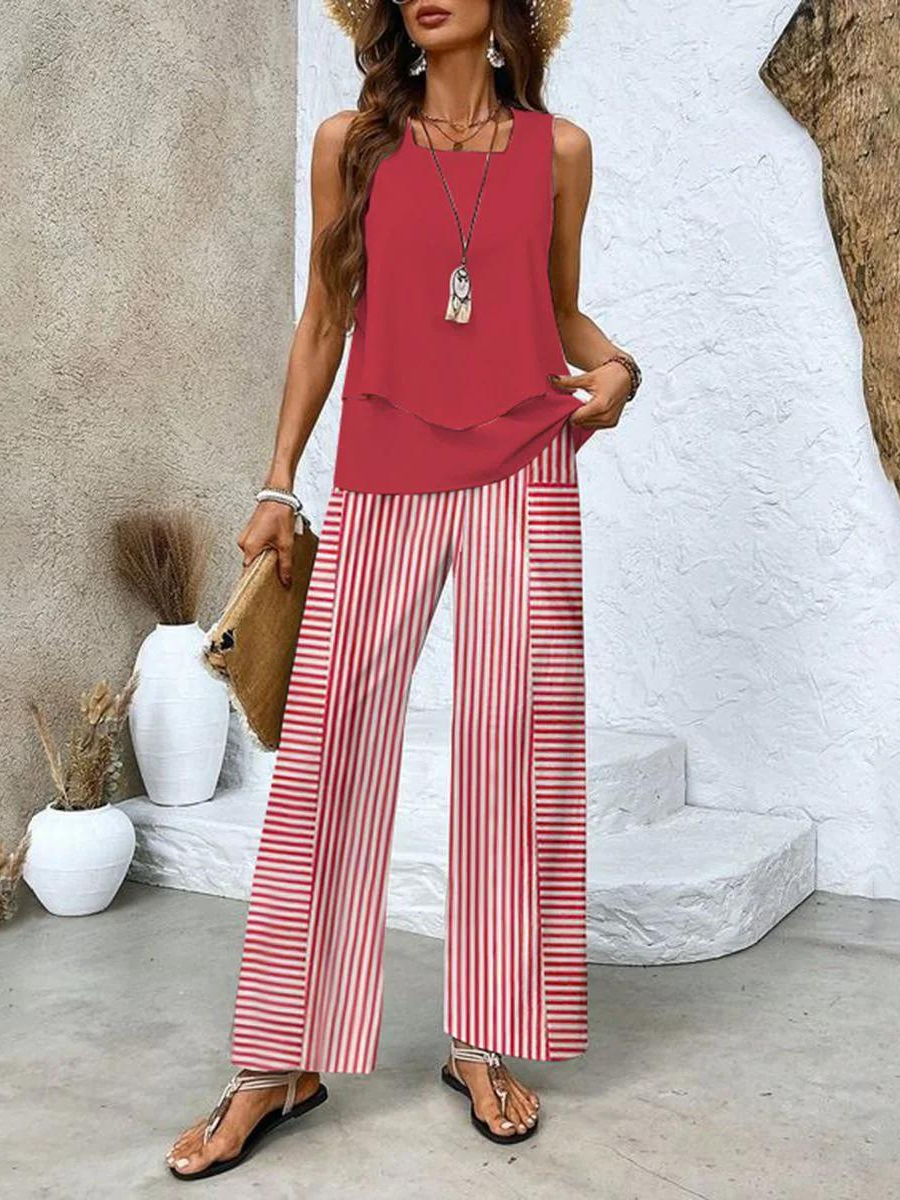 Women Two-Piece Set Layered Sleeveless Tank with Printed Wide-Leg Trousers - Red